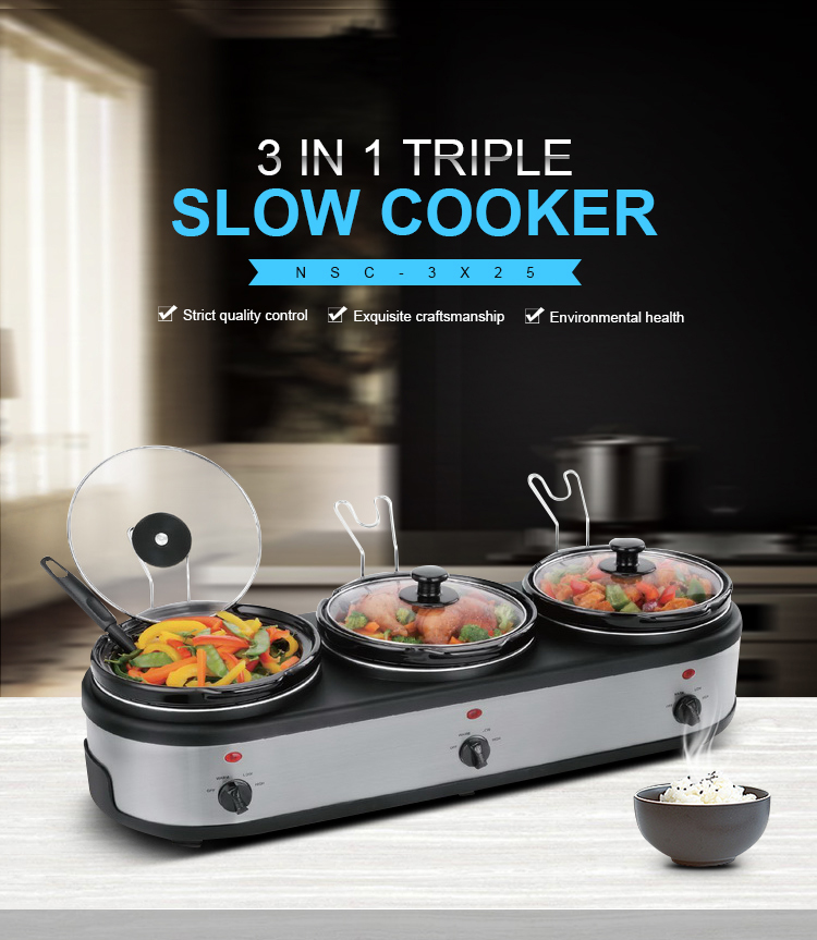 TONZE 1.5L 3-Pot Stainless Steel Black Clay Slow Cooker Independent Knob Heating for Hotels 01