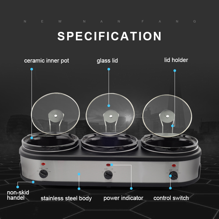 TONZE 1.5L 3-Pot Stainless Steel Black Clay Slow Cooker Independent Knob Heating for Hotels 02