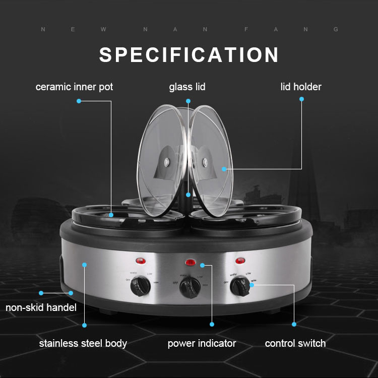 TONZE 3×1.5L Round Stainless Steel Black Clay Stewpot Independent Knob Heating for Hotels 02