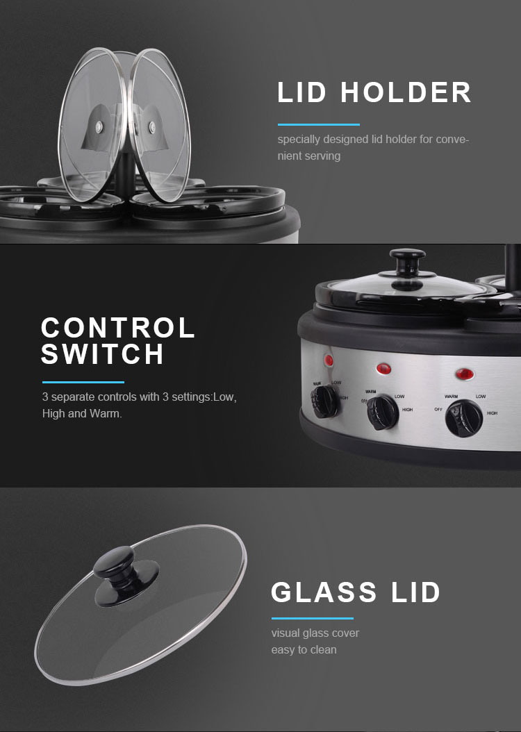 TONZE 3×1.5L Round Stainless Steel Black Clay Stewpot Independent Knob Heating for Hotels 03